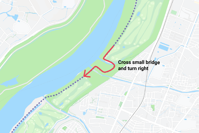 An illustration showing how to navigate the small bridge and turn on the Yodo river section.