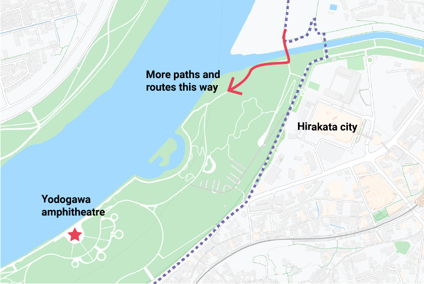 Illustration of the route options at Hirakata during the ride from Kyoto to Osaka.