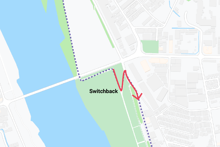 An illustration showing where the switchback is to the elevated path on the Katsura river.