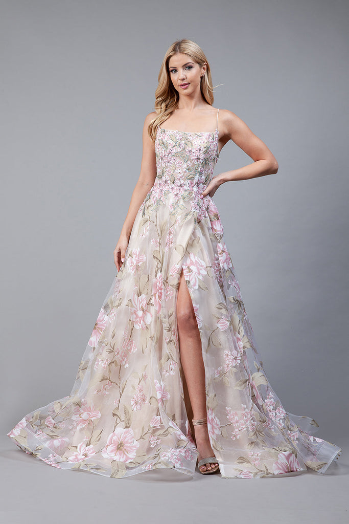 Embroidered Flowers Straight Across Side Slit Long Prom Dress AC2105 Sale