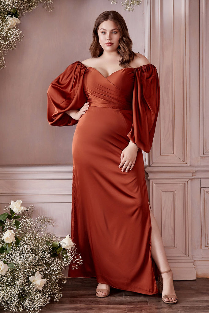 Soft Satin Prom & Bridesmaid Gown Long Sleeves Off Shoulder Bodice Relaxed Fit Skirt with Side Leg Slit Plus Size Curve CD7482C Sale
