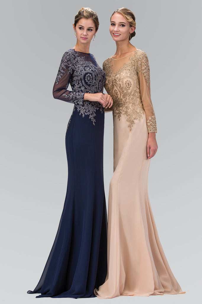 Lace Embellished Floor Length Dress with Sheer Sleeve GLGL1368 Sale