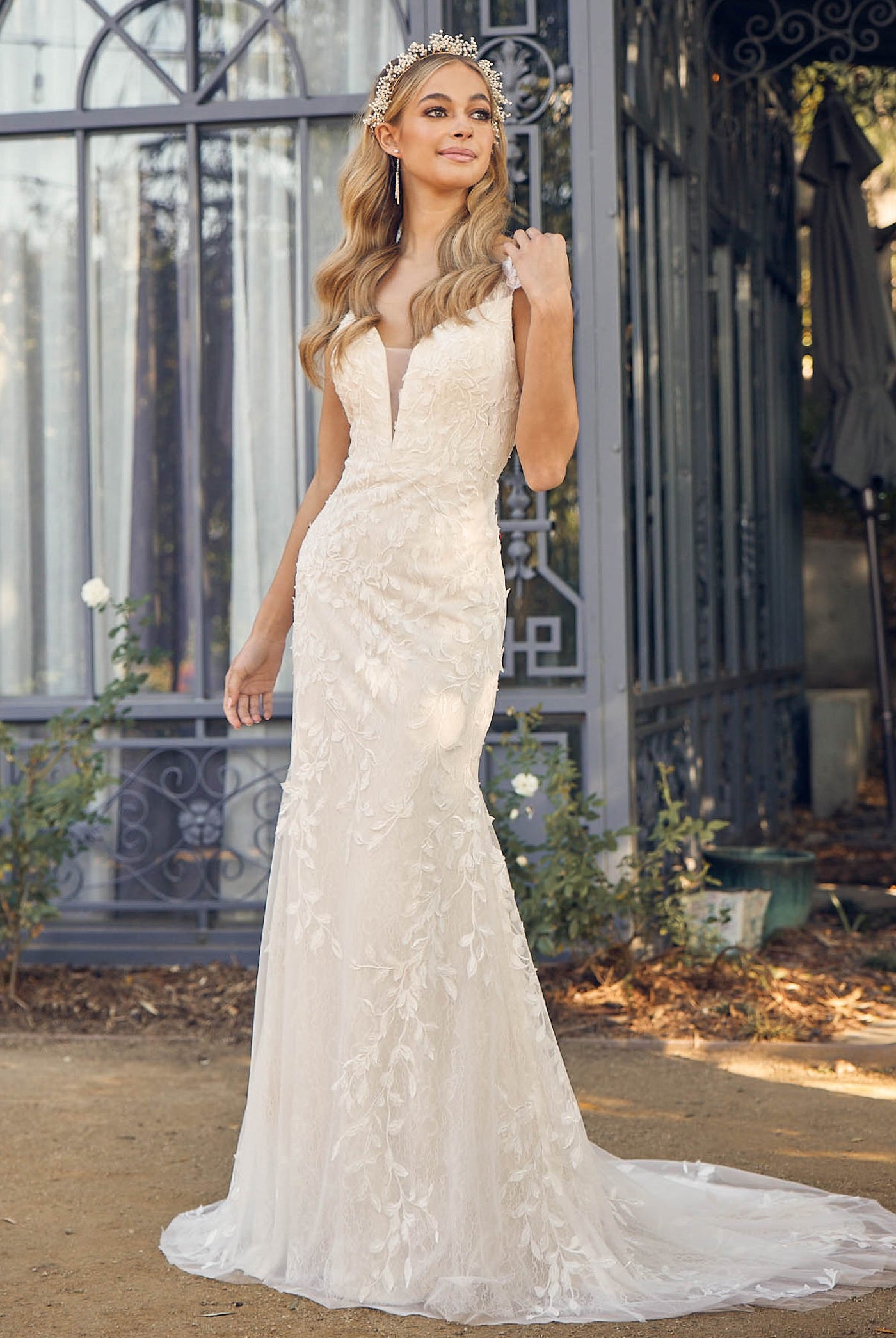T212058 Gorgeous Embroidered Lace Wedding Dress with Deep V-neckline