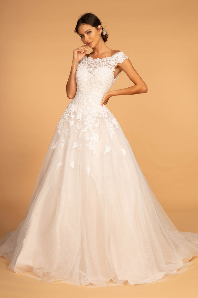 Boat-Neck Embroidered Mesh A-Line Wedding Gown GLGL2596