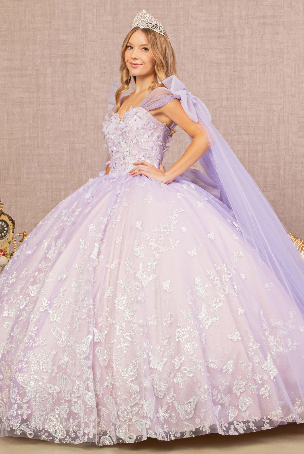 Jewel Mesh Quinceanera Gown w/ 3-D Butterfly Appliques and Long Mesh C –  Marly Bridal