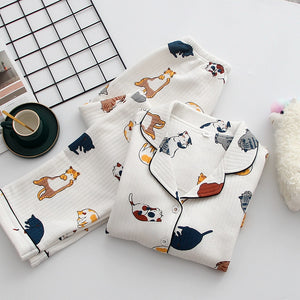 2021 Thick Warm Winter Pajamas For Women 100%Cotton Home Suit Cartoon Cat Printed Sleepwear Female 2Pcs Long Sleeve Homewear Set