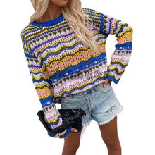 Load image into Gallery viewer, Multi Color Blocked Knitted Pullover Women Autumn Casual Flare Sleeve Hollow Out Sweater