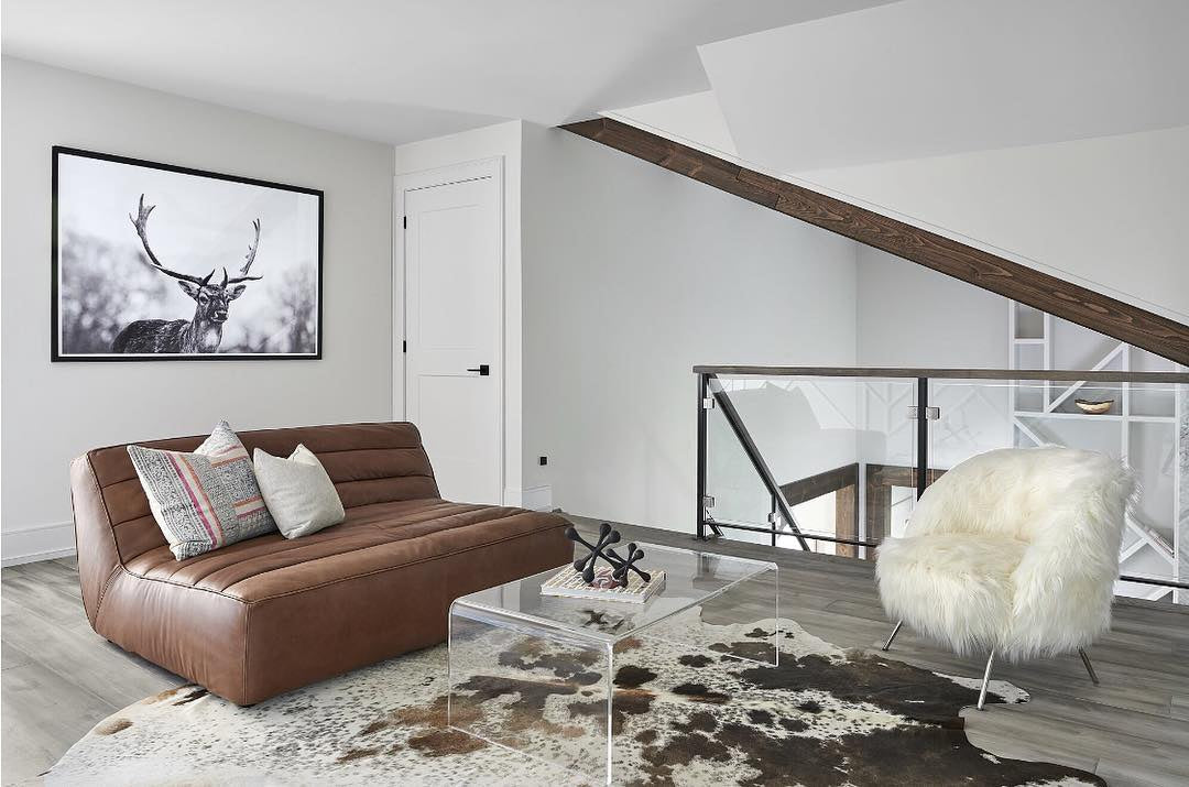 living room with cowhide rug