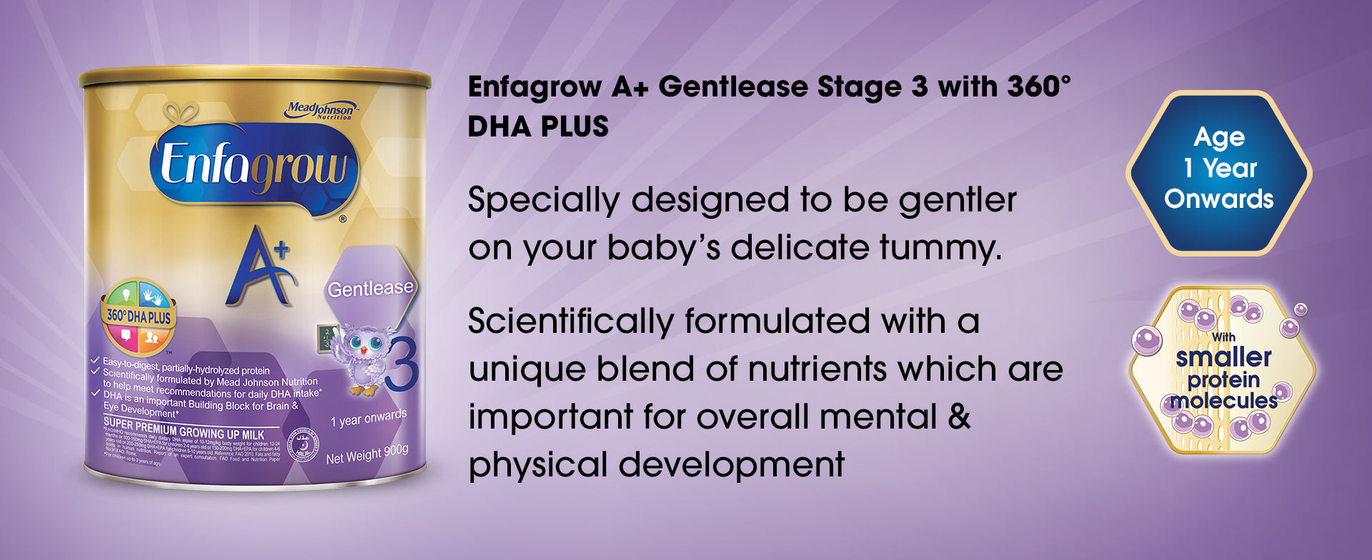 Enfagrow A+ Gentlease Stage 3 with 360 degrees DHA PLUS - a product banner image with basic information