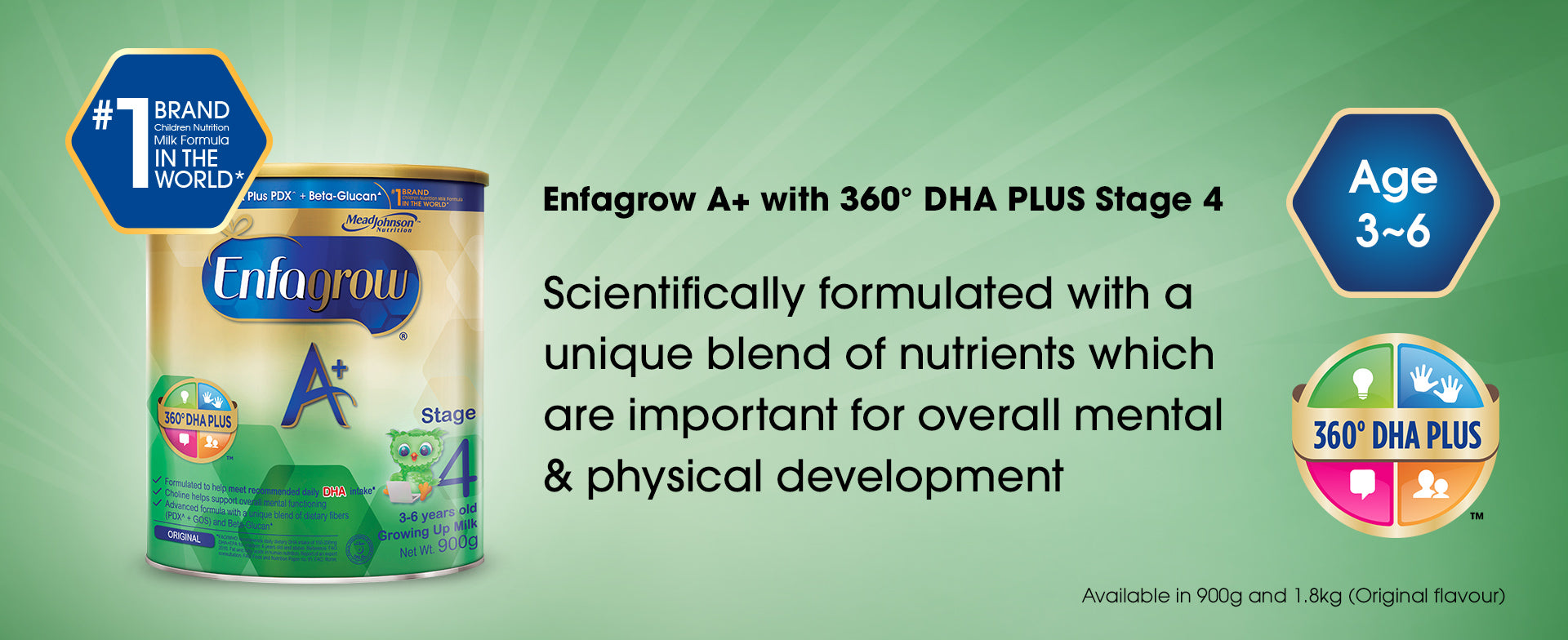 Enfagrow A+ with 360 degrees DHA PLUS Stage 4 - a product banner image with basic information