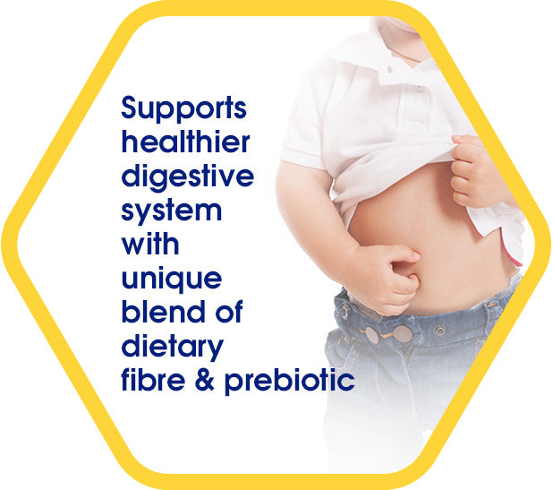 Supports healthier digestive system with unique blend of dietary fibre & prebiotic - a picture of a child touching tummy