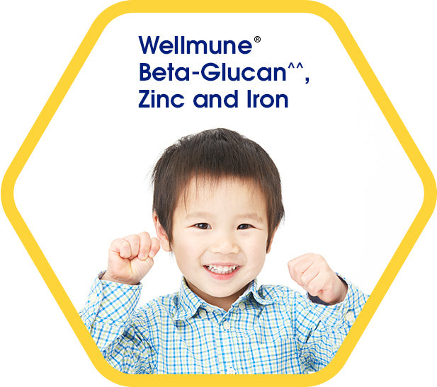 Wellmune, Beta-Glucan^^, Zinc and Iron - a smililing boy raising his fists in triumph