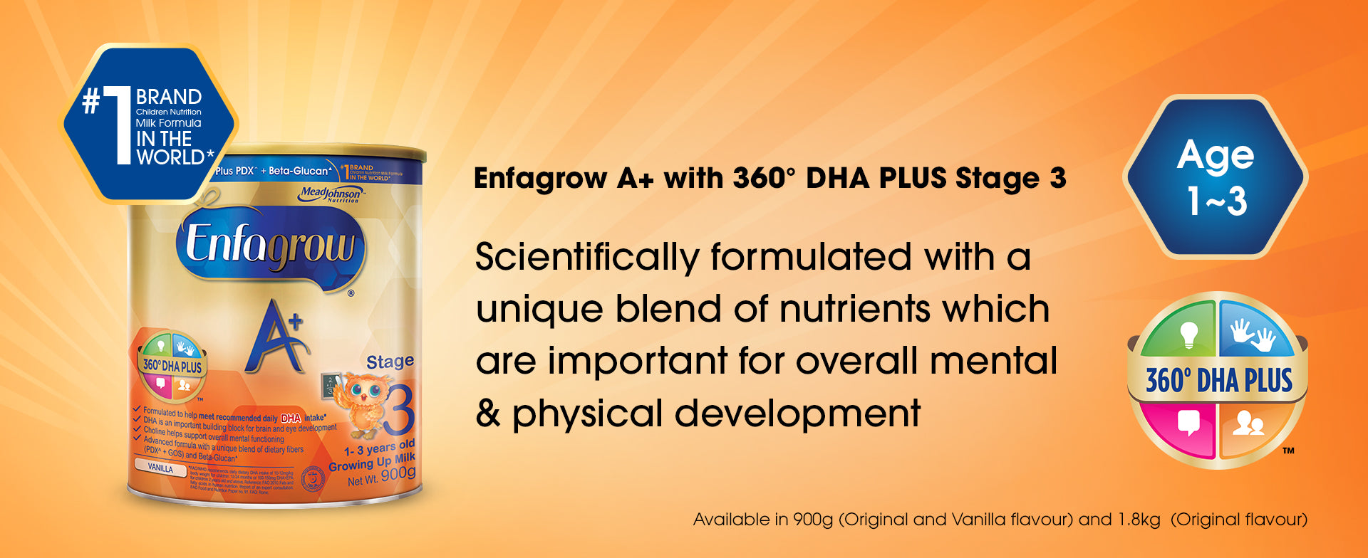Enfagrow A+ with 360 degrees DHA PLUS Stage 3 - a product banner image with basic information
