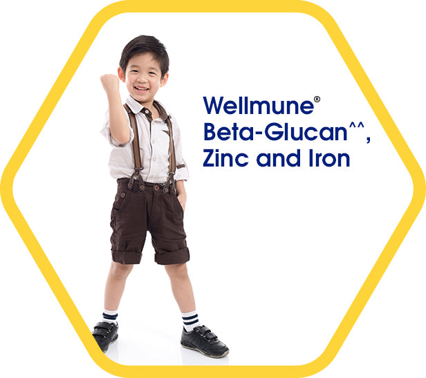 Wellmune, Beta-Glucan^^, Zinc and Iron - a smililing boy standing and raising his fist in triump