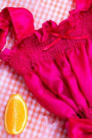 fuchsia pink satin midi dress detail