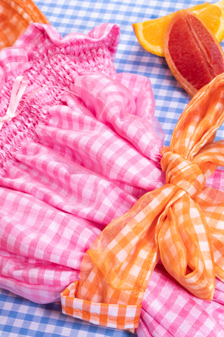 pink gingham midi dress bow detail