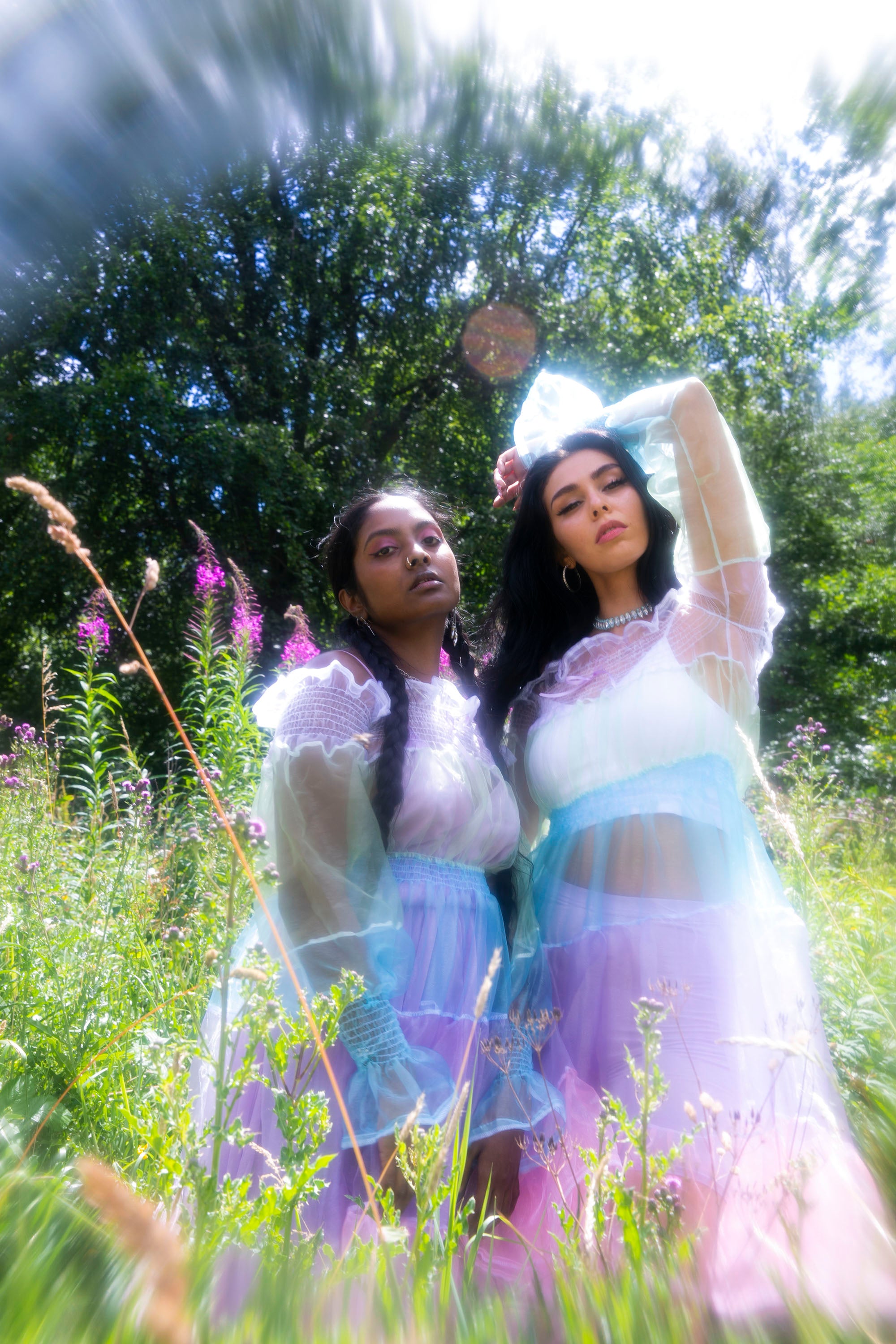Shannon and Sheerah wear the pastel organza bardot dress