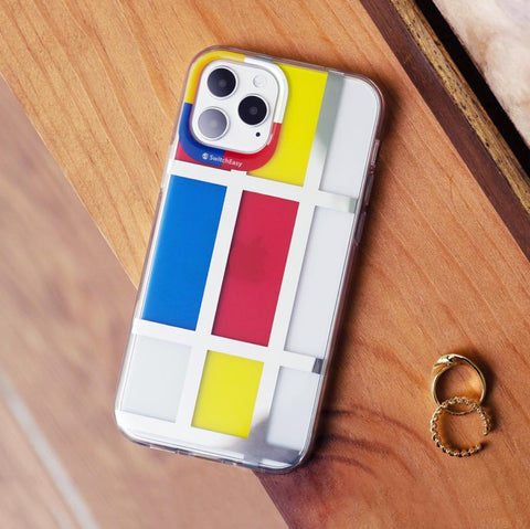 switcheasy iphone 12 case with a modrian illustration of the white, yellow, red and blue squares on the back