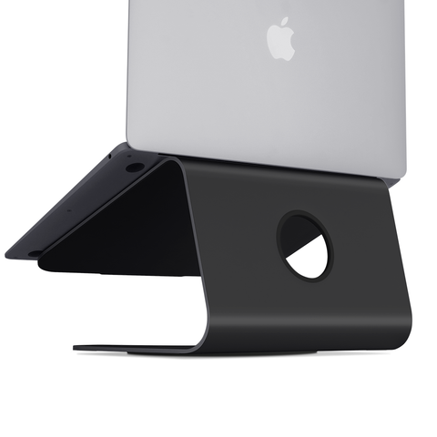 silver macbook on a matte black rain design mstand laptop stand