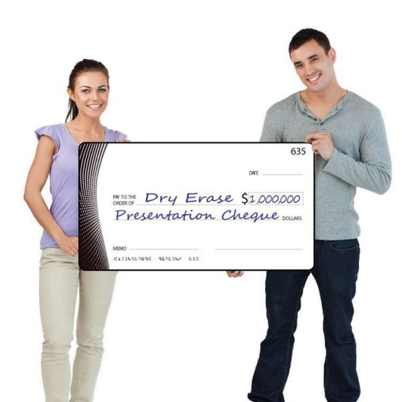 Presentation cheque dry erase reusable with black rubber edging for protection 39 x 21