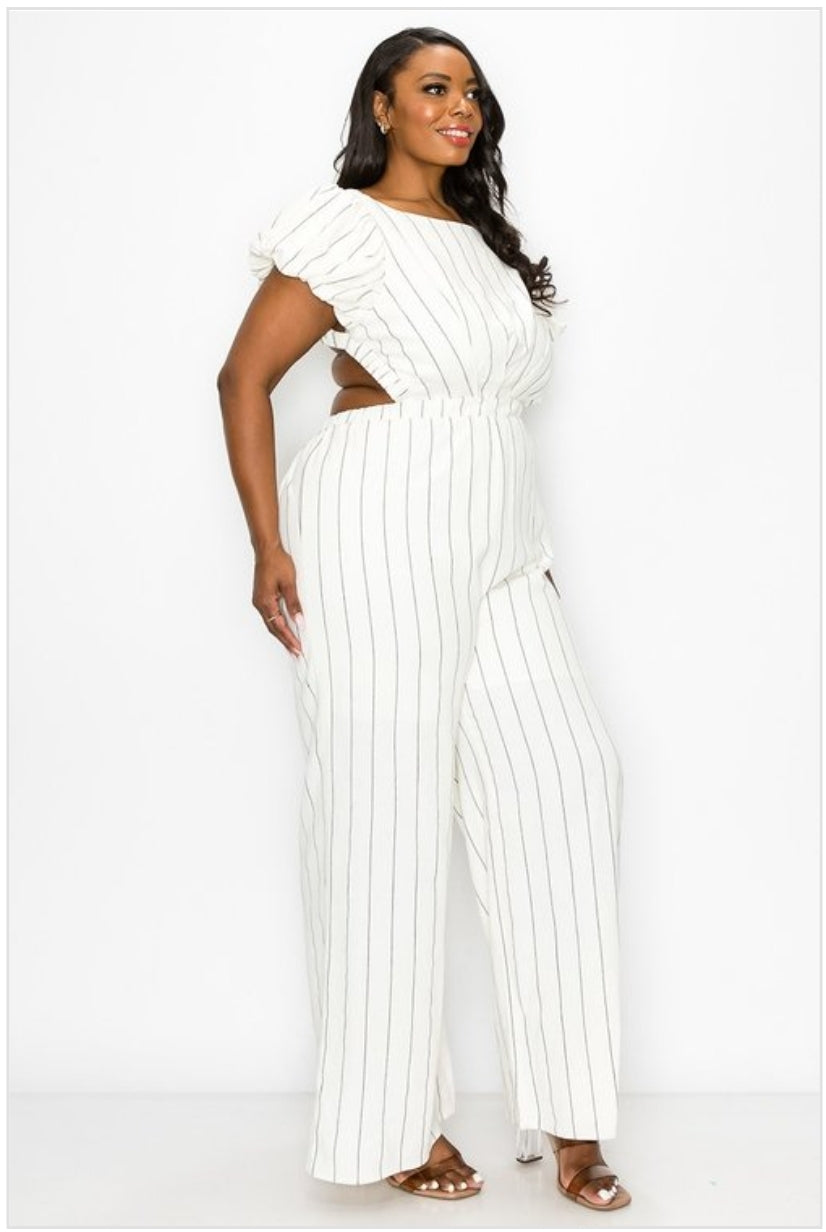 Stripe Bubble Sleeve Jumpsuit