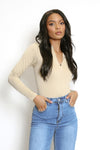 Beige Half Zip Front Ribbed Bodysuit - Hunter