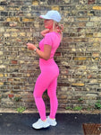 Neon Pink Round Neck Crop Top & Push Up Leggings Set - Selene