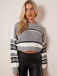 Grey Stripe Oversized Knitted Crop Jumper - Marlowe
