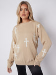 Beige Cross Oversized Knitted Jumper - Cynthia