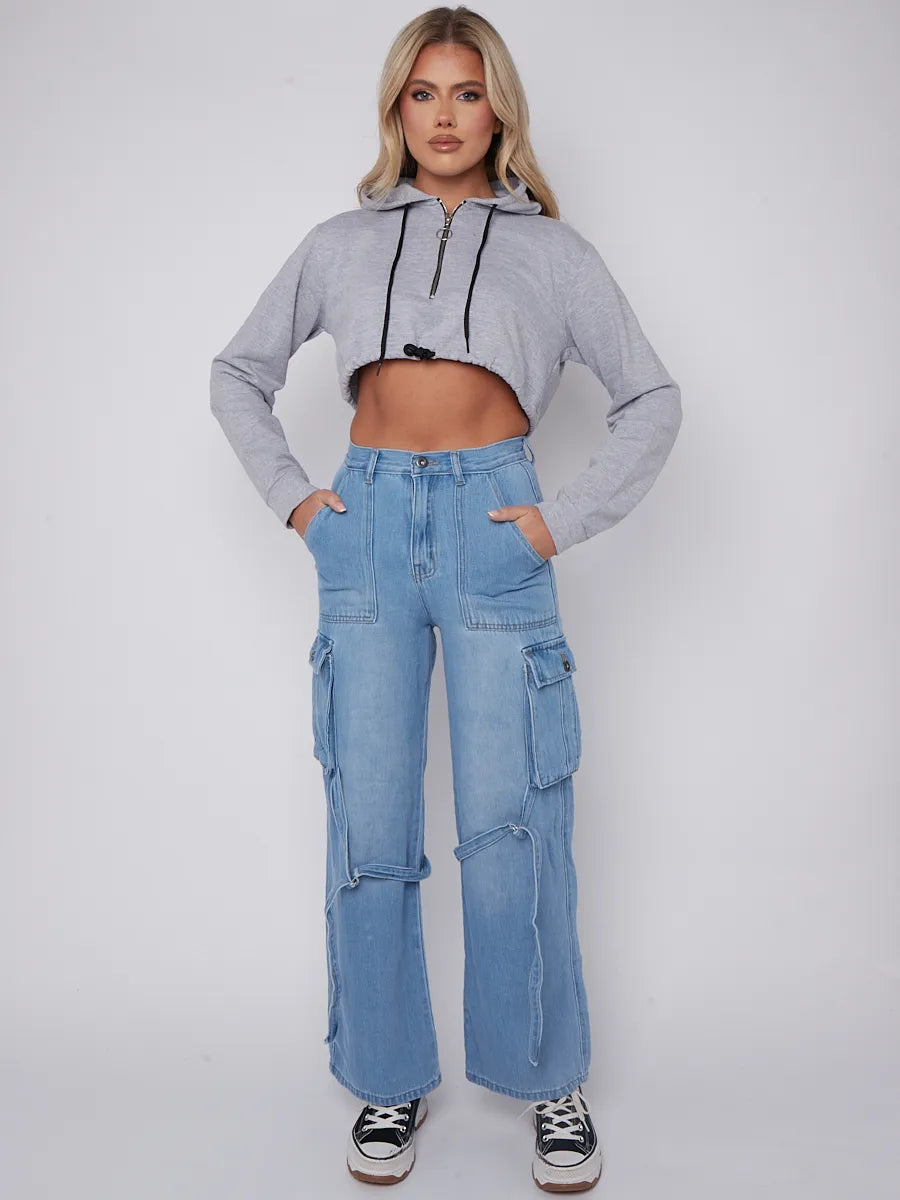 Blue High Waist Wide Leg Cargo Jeans   Ella