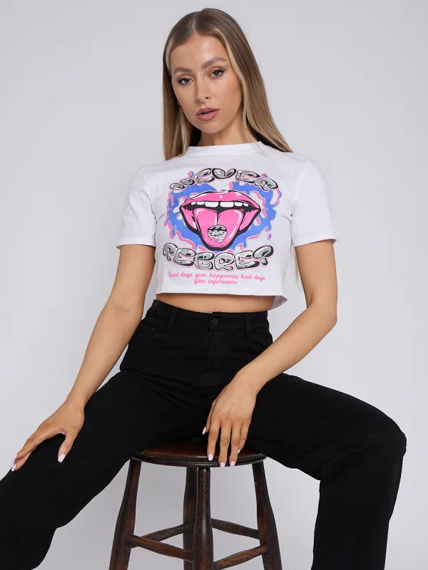 White Never Regret Graphic Printed Crop Top   Tanni