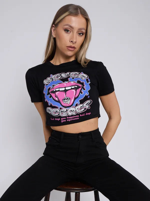 Black Never Regret Graphic Printed Crop Top   Tanni