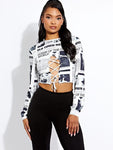 White Newspaper Print Lace Up Crop Top   Katelyn