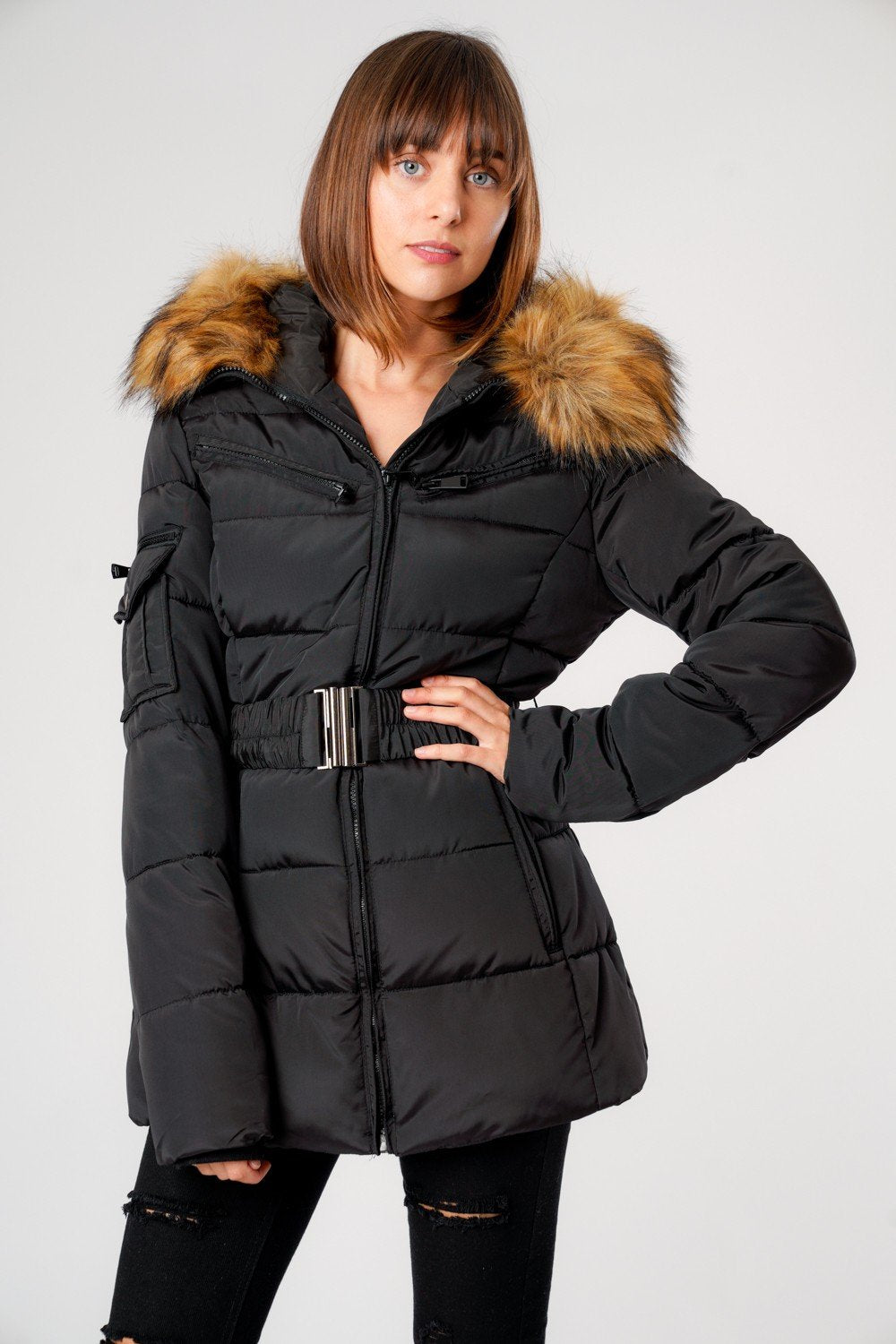 Black Belted Faux Fur Hood Quilted Puffer Jacket Gracie Storm Desire