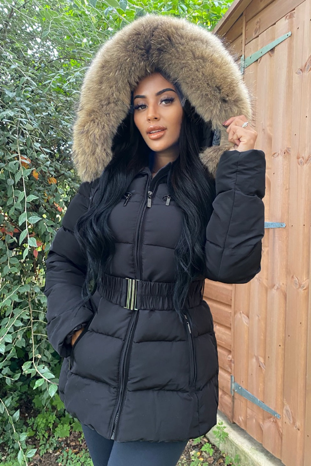 puffer coat with fur hood and belt