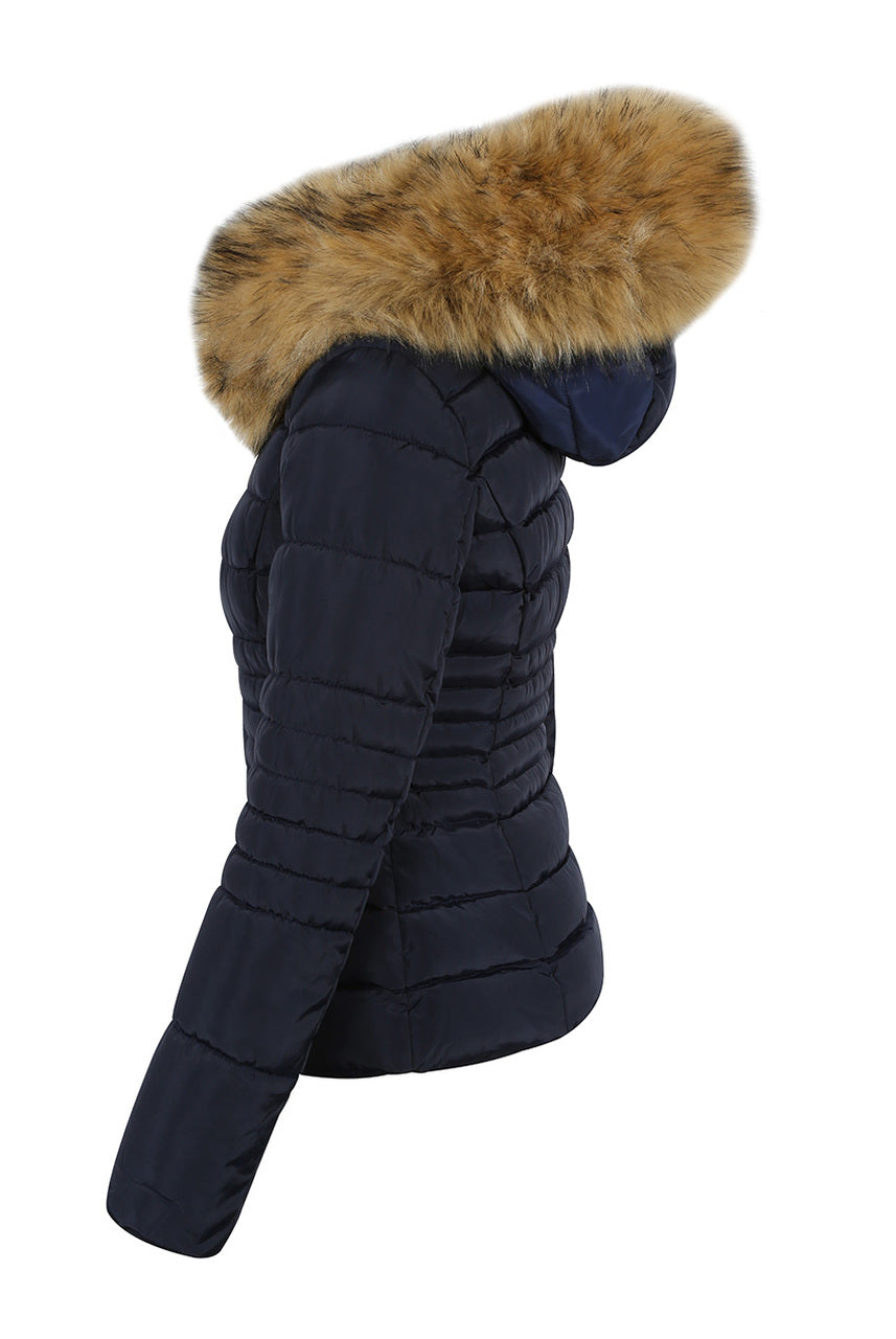 blue puffer jacket with fur hood