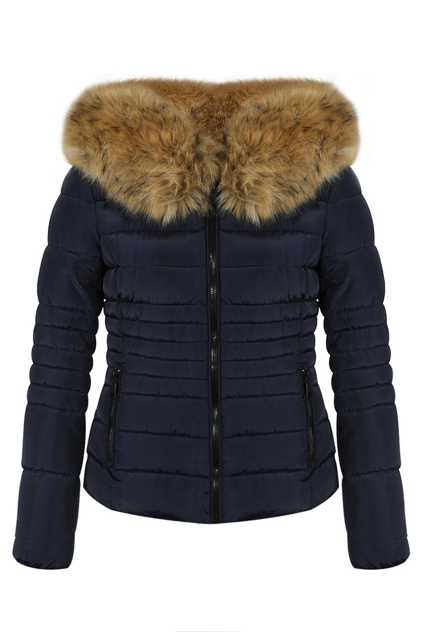 Download Navy Blue Faux Fur Hood Puffer Jacket - Destiny | Storm Desire