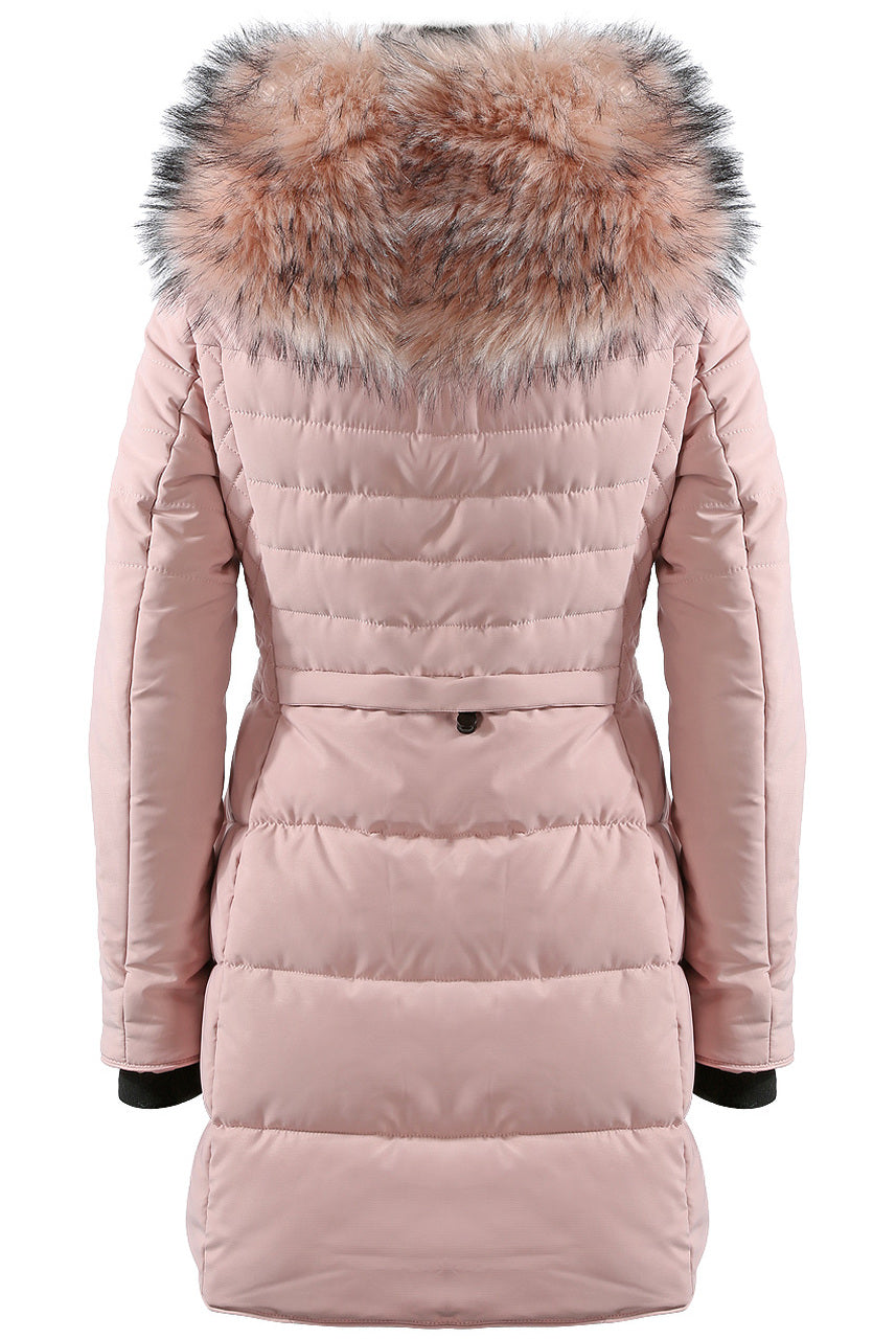 pink padded coat with fur hood
