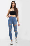 Mid Blue Multi Slash High Waist Jeans   Ava