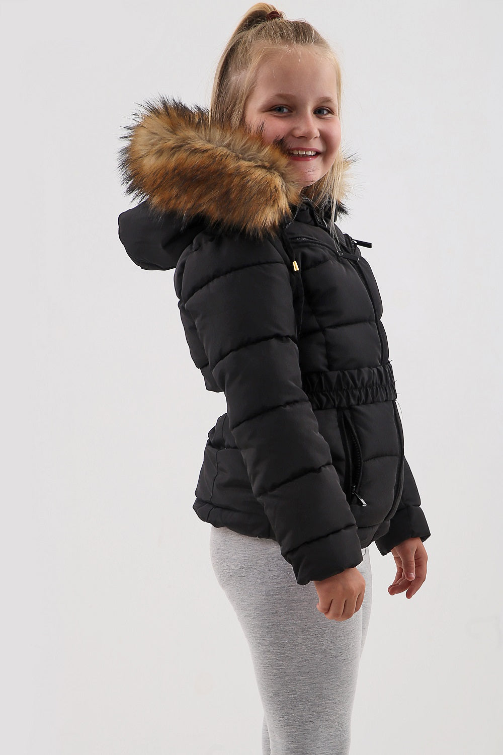 Kids Black Faux Fur Hood Quilted Puffer 