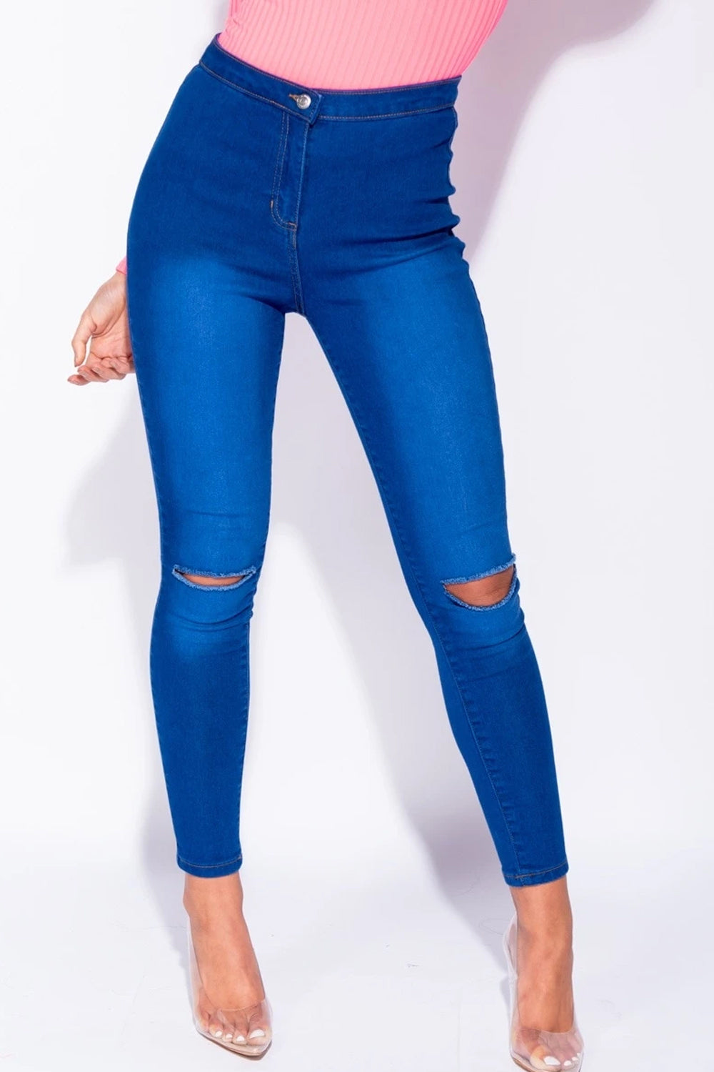 blue ripped knee jeans