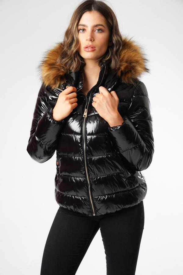 zara shiny puffer jacket with fur hood