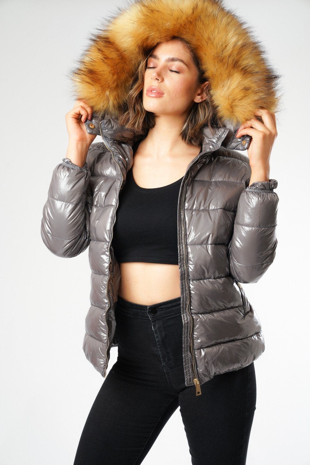 zara shiny puffer jacket with fur hood