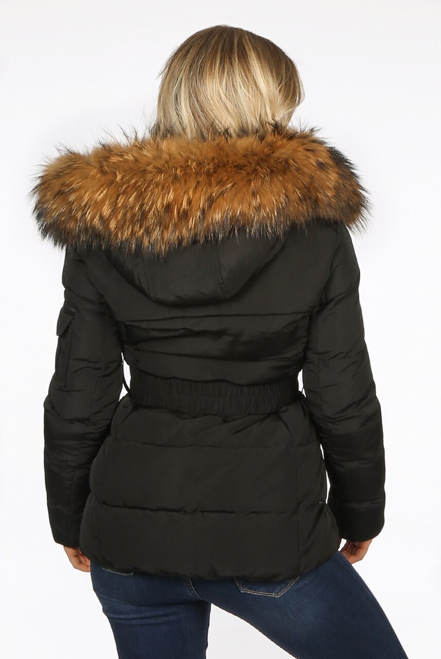 Black Natural Fur Hood Belt Puffer Zip Jacket Aria Storm Desire