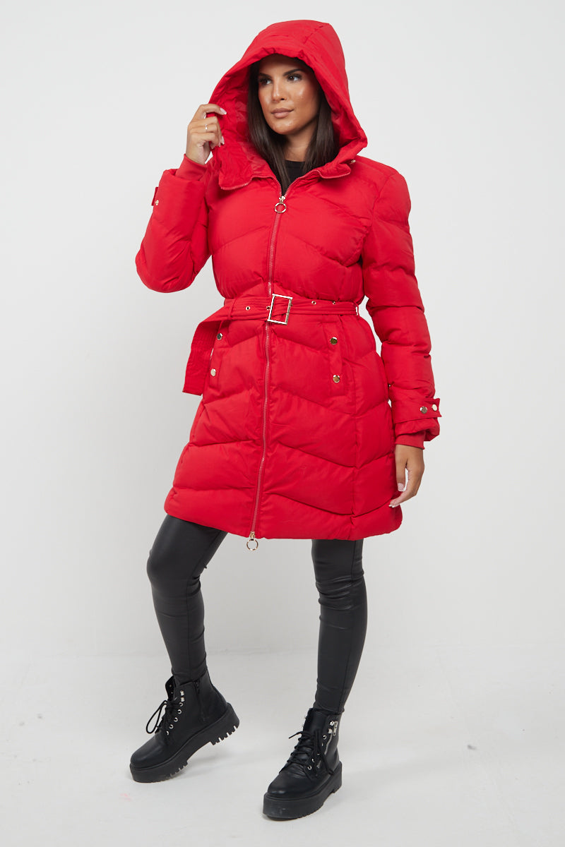 Red Long Gold Button Belted Puffer Coat - Estella - Storm Desire
