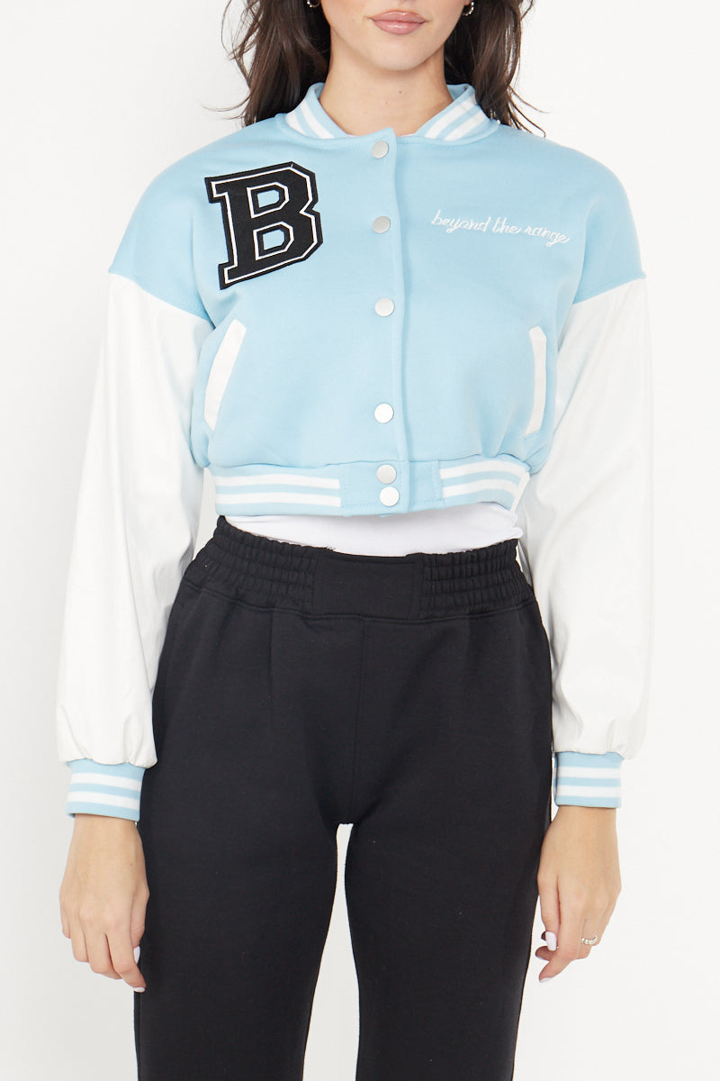 Blue Varsity B Slogan Crop Baseball Jacket - Yasmin – Storm Desire