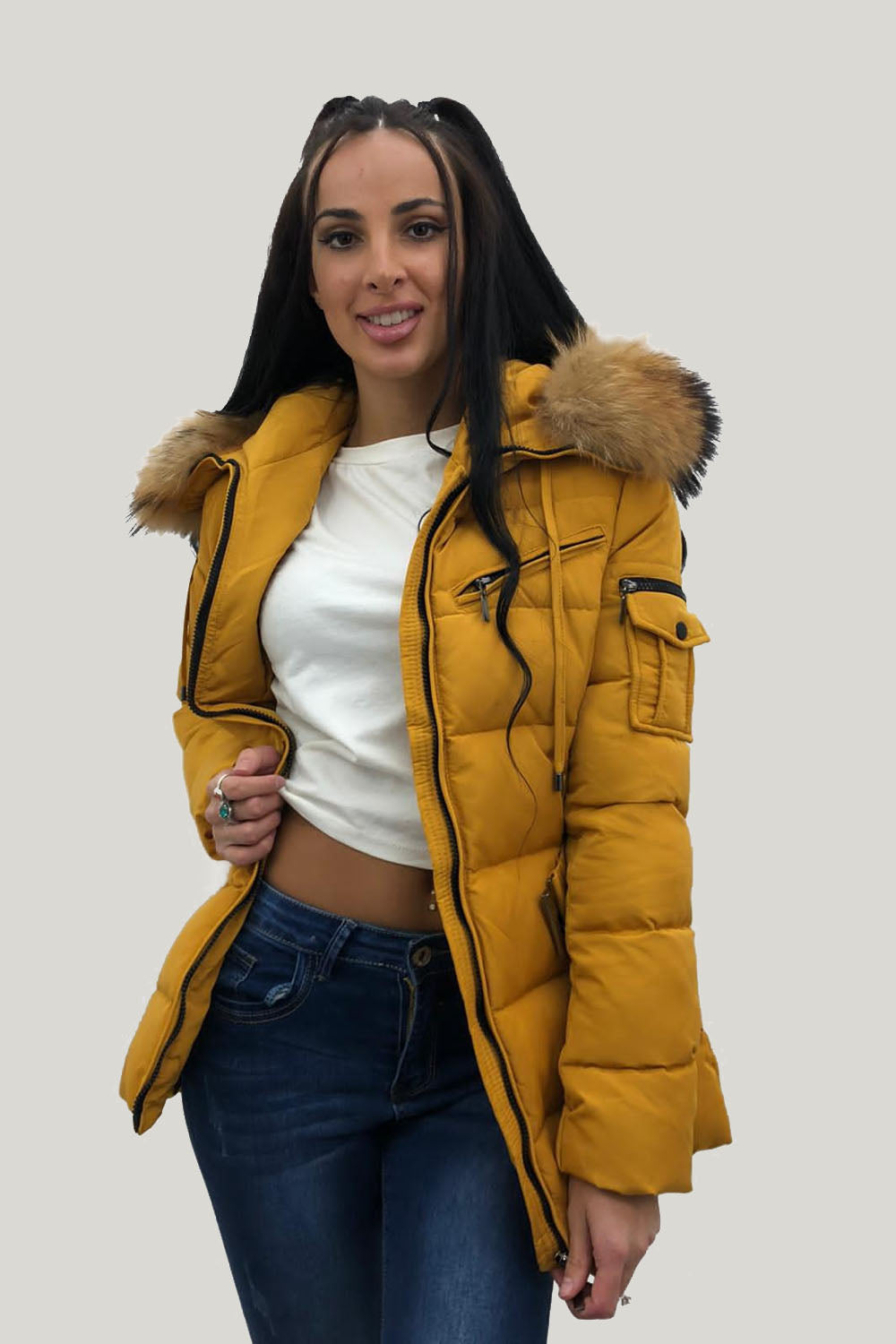 yellow padded jacket with fur hood