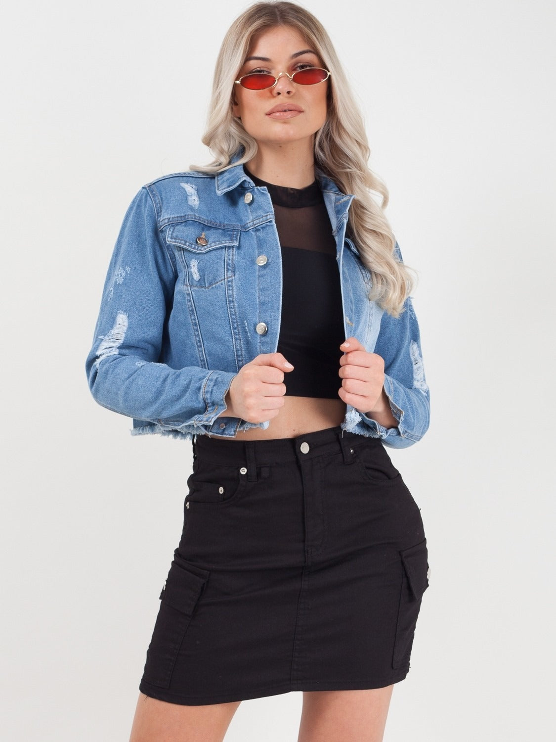 Denim Blue Raw Hem Distressed Cropped 