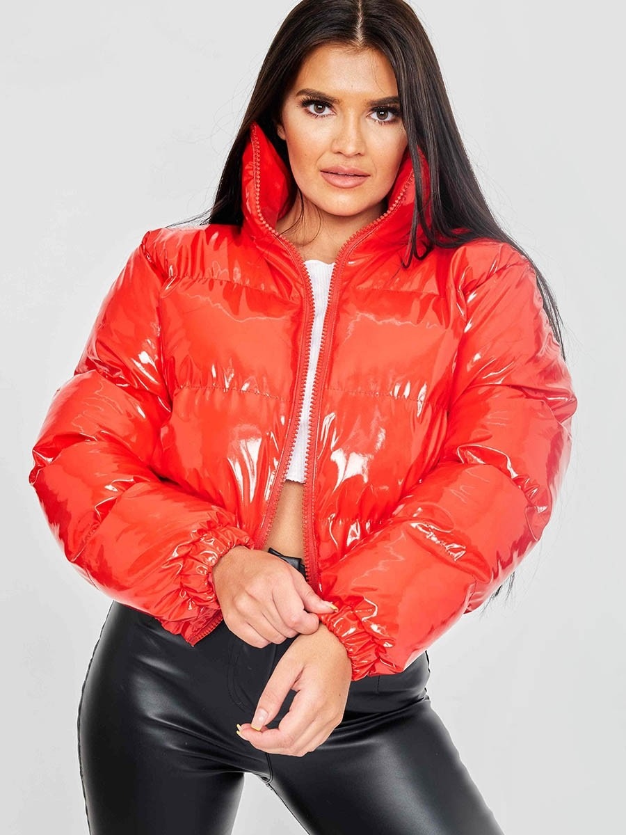 Red Shiny PVC Cropped Puffer Jacket 
