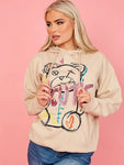 Beige Cute Teddy Graphic Print Hoodie   Siena